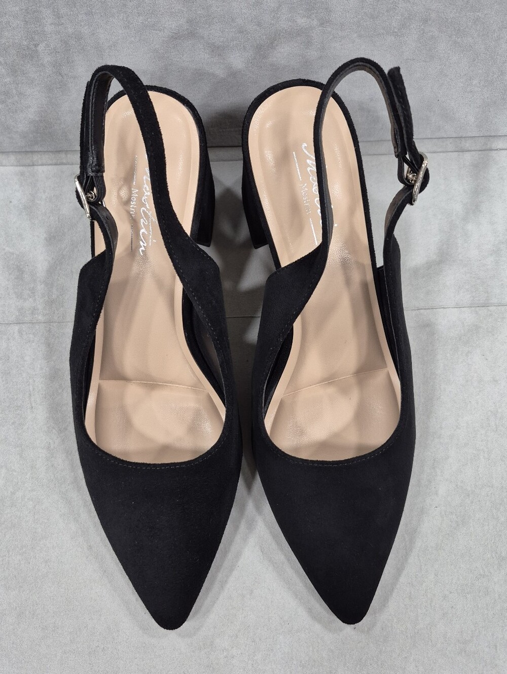 Mostrin sling back pumps women's 38.5 US 8 black suede point toe block heels - Picture 2 of 13